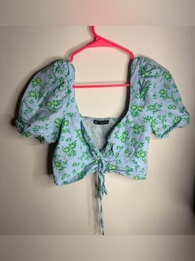Zara Light Blue Floral Puff-Sleeve Tie-Front Crop Top